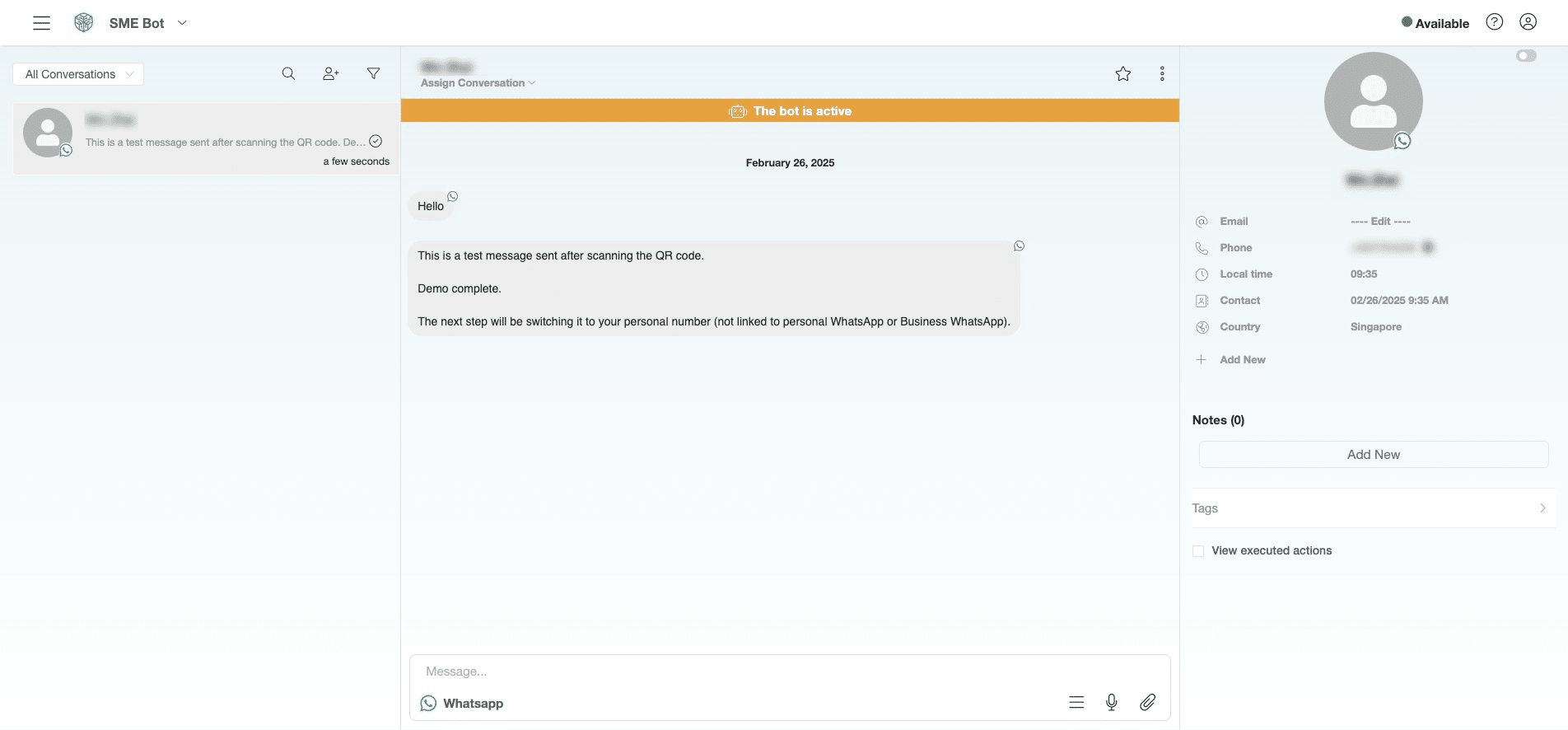 Successfully received a chat message from user. Please note that no flow or AI has been created or connected yet, so the AI is not replying in this guide.