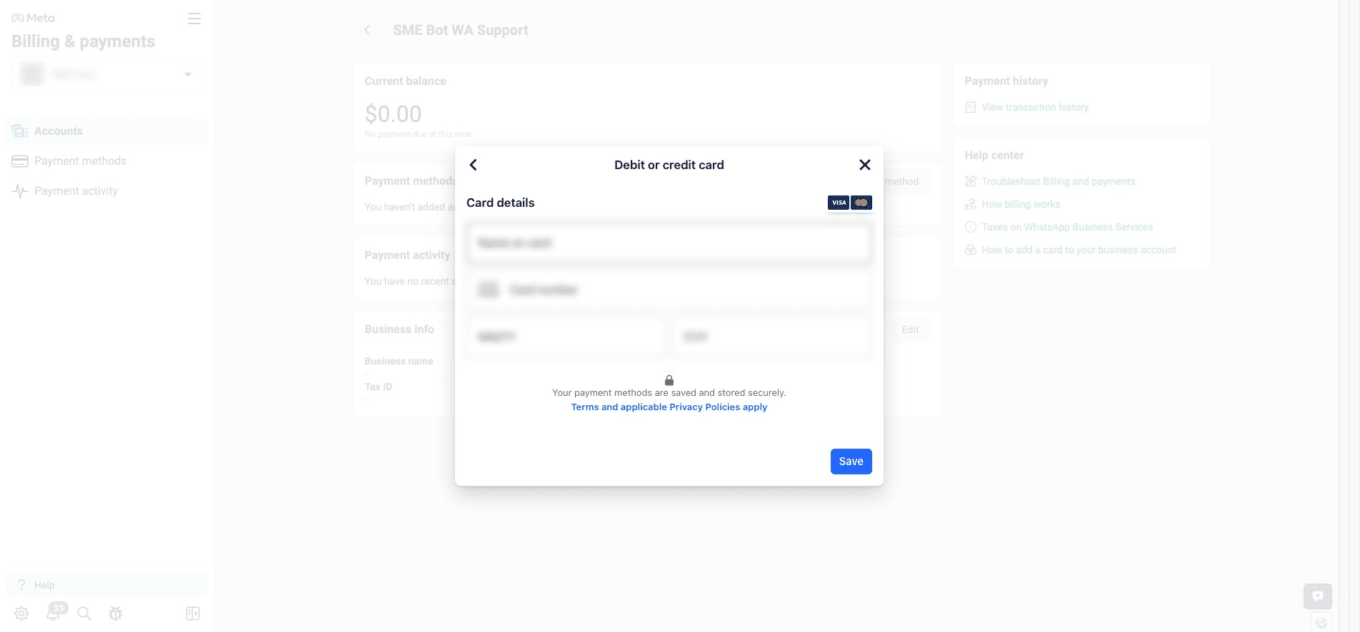 Enter your Debit or Credit Card Details, then click "Save".