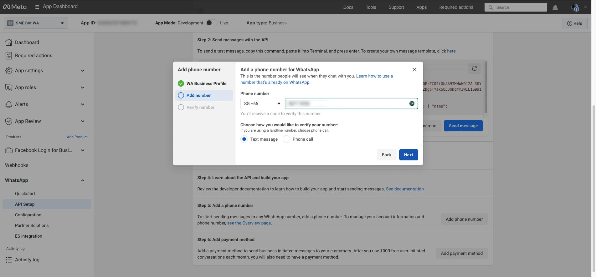 To add a phone number for WhatsApp, select the country code, enter the phone number, choose the verification method, and then click "Next" to verify the number you provided.