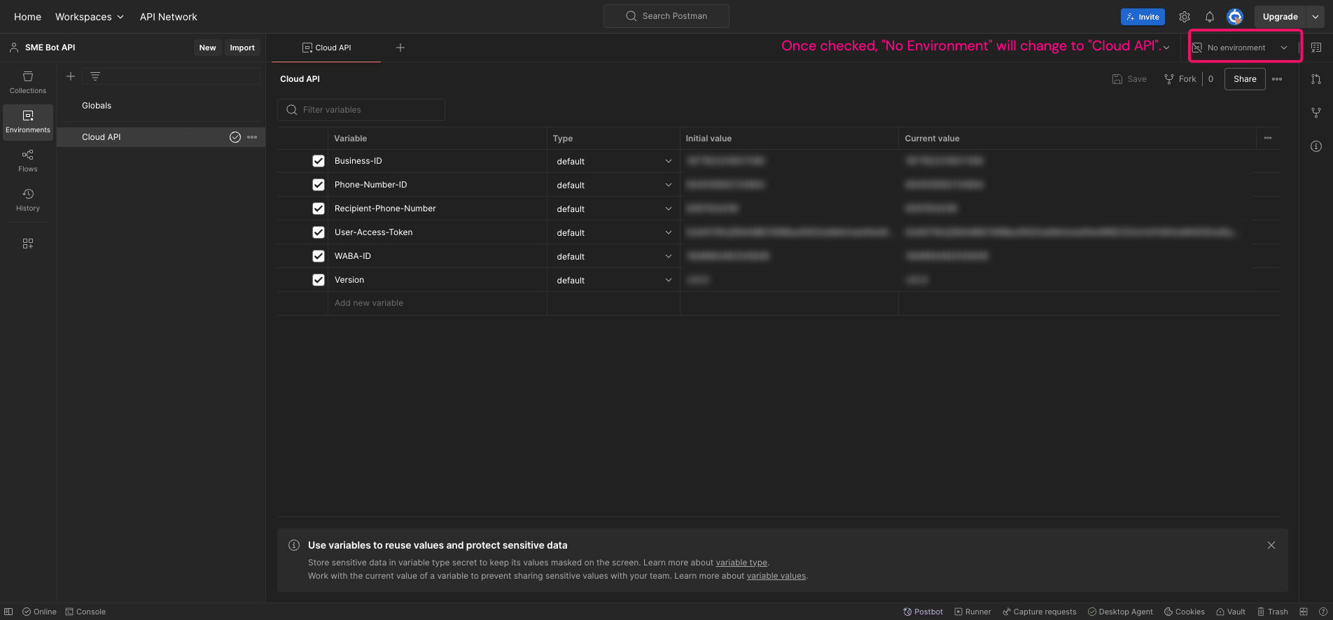 In Postman, under the "Environments" section, ensure that the "Initial" and "Current" values of the Variables match your Facebook details. Then, ensure that "Cloud API" is checked.