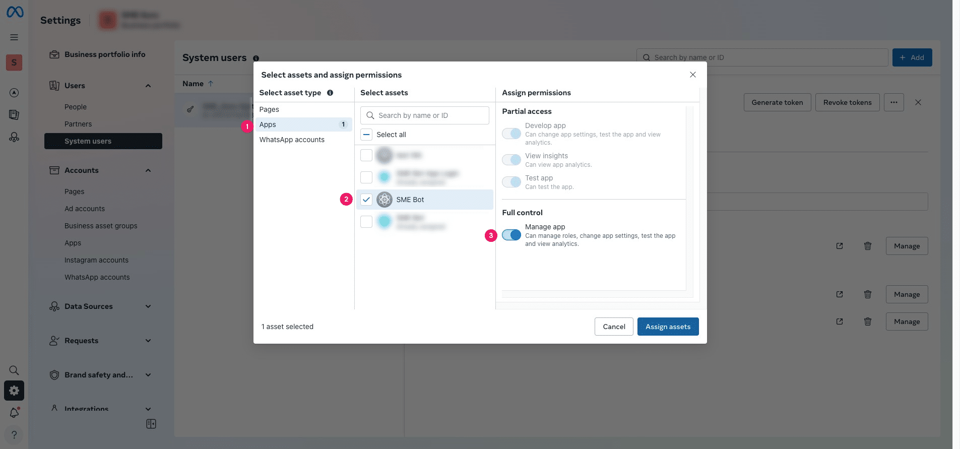 Click "Apps," select "Assets," and grant Full Control. Then, click "Assign Assets" to complete the selection.
