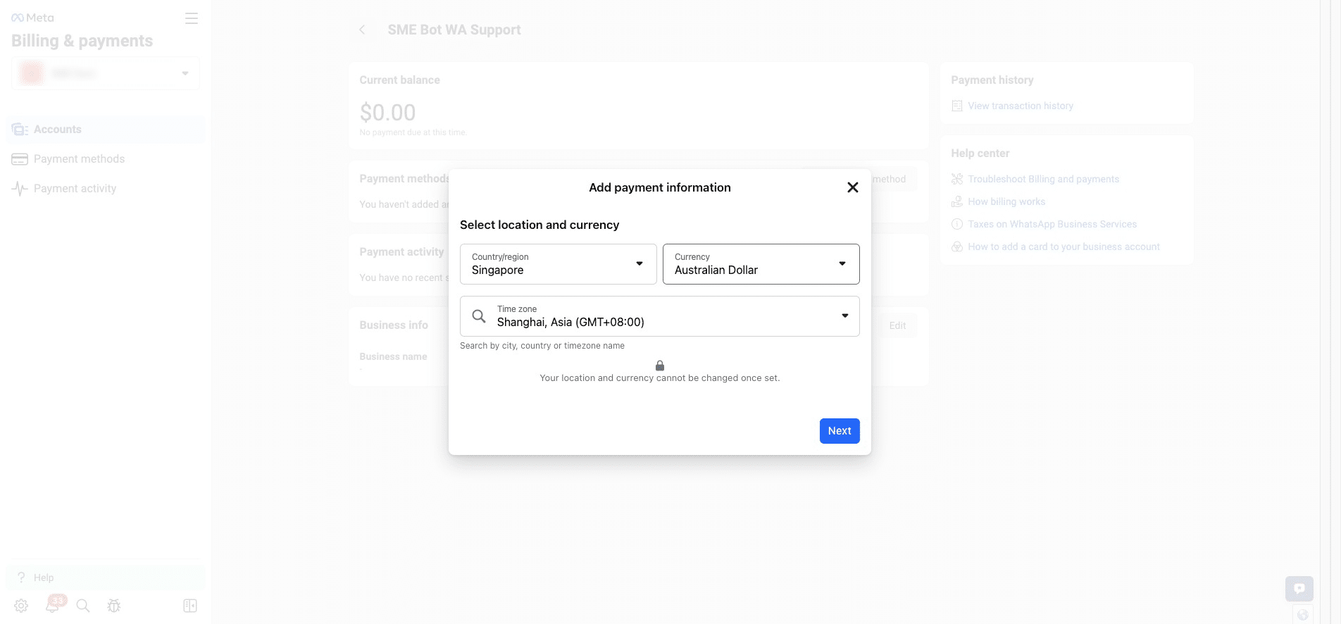 A pop-up will appear for you to select your location, preferred currency, and timezone. Click "Next".
