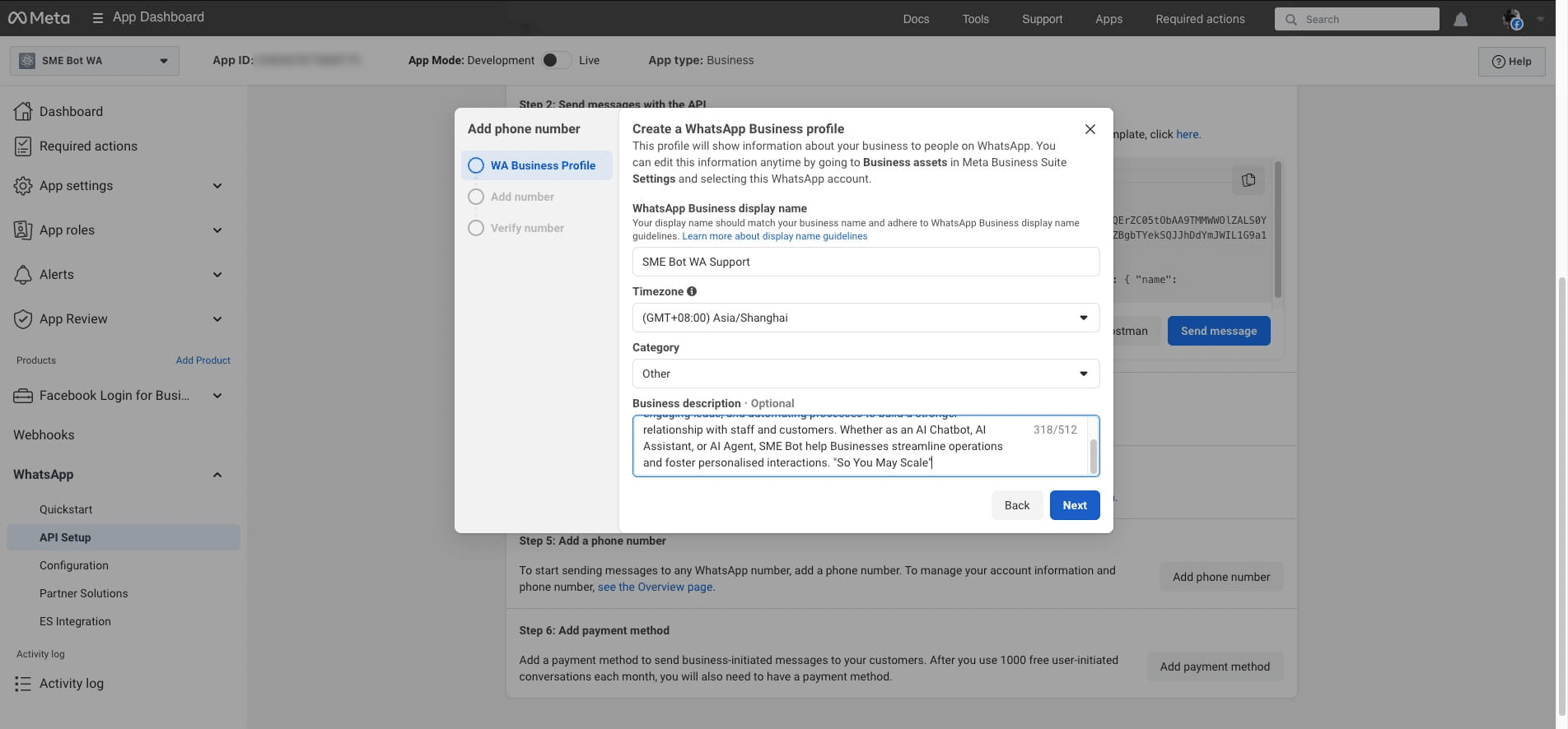 Provide your WhatsApp Business Display Name, preferred Timezone, Business Category, and Business Description, then click "Next."