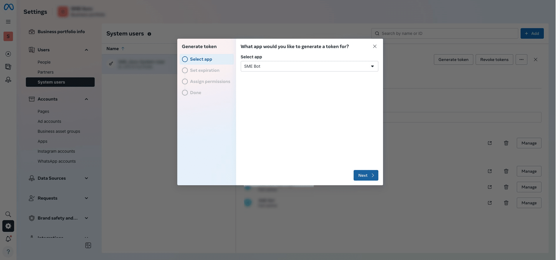 To generate the Access Token, select the app you created earlier, then click "Next".