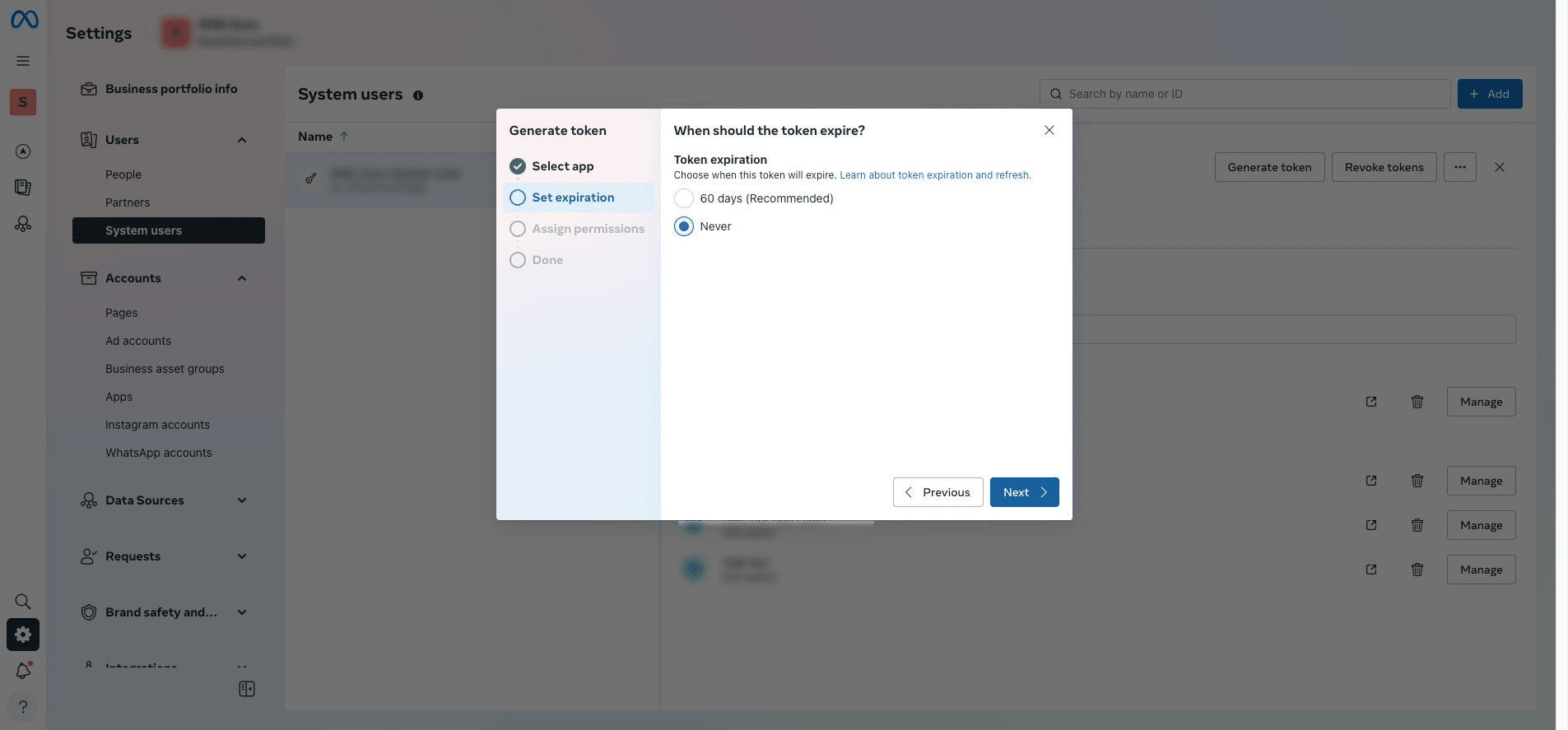 Select Token Expiration as "Never," then click "Next."