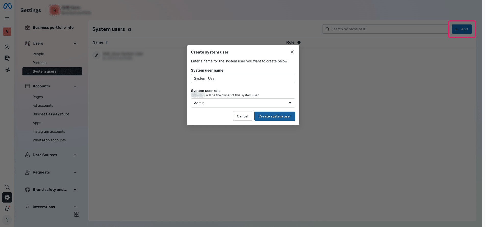 Click "Add," provide the System User Name, and select the System User Role as "Admin." Then, click "Create System User" to complete the process. 