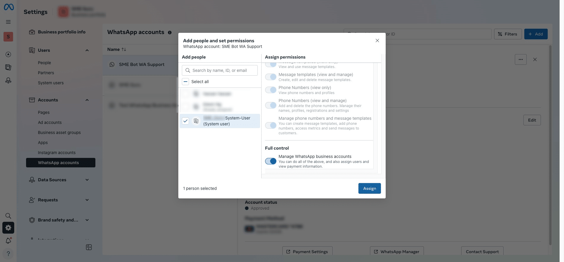 Select the System User, provide Full Control, and then click "Assign".