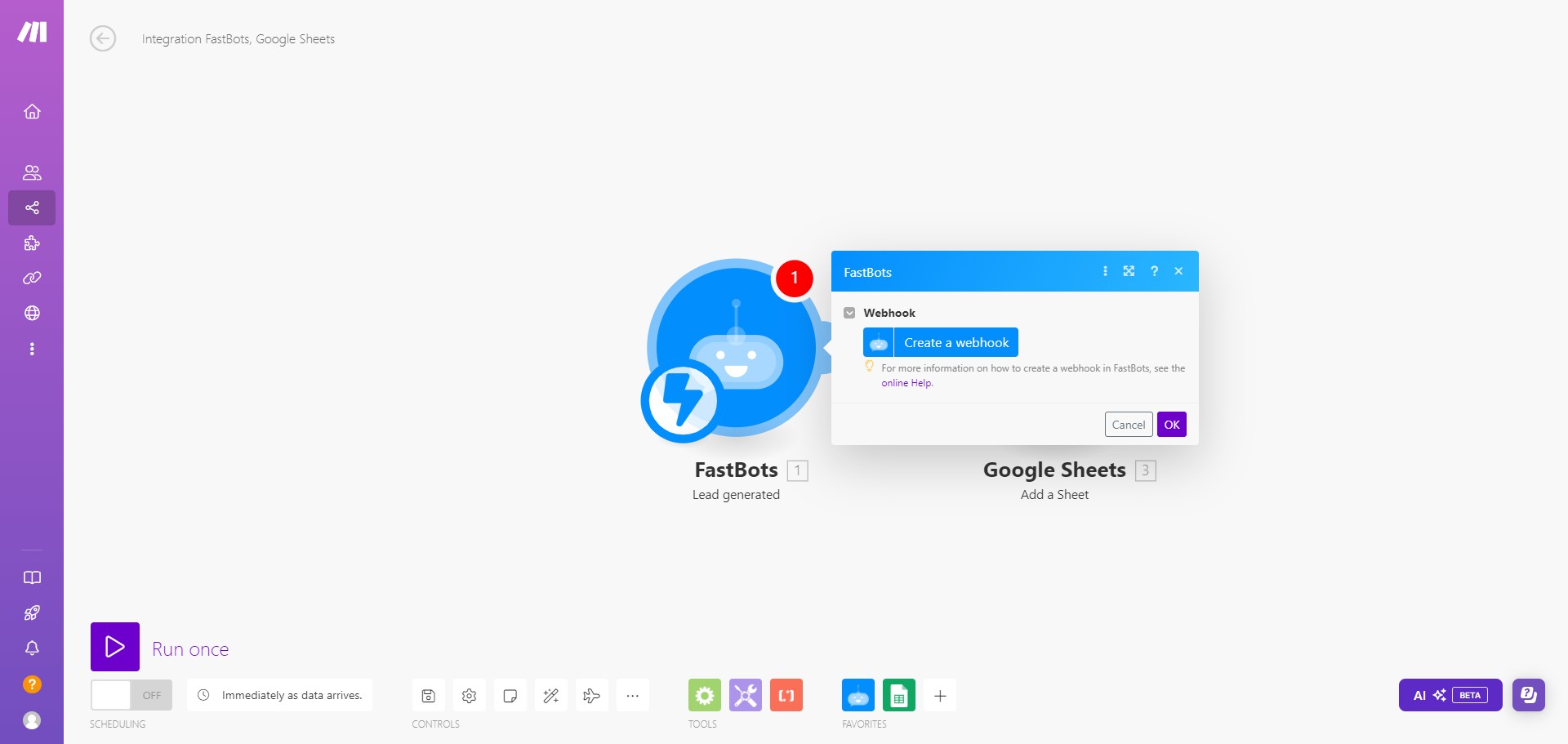 Click on Fastbots module icon and click on " Create a webhook"