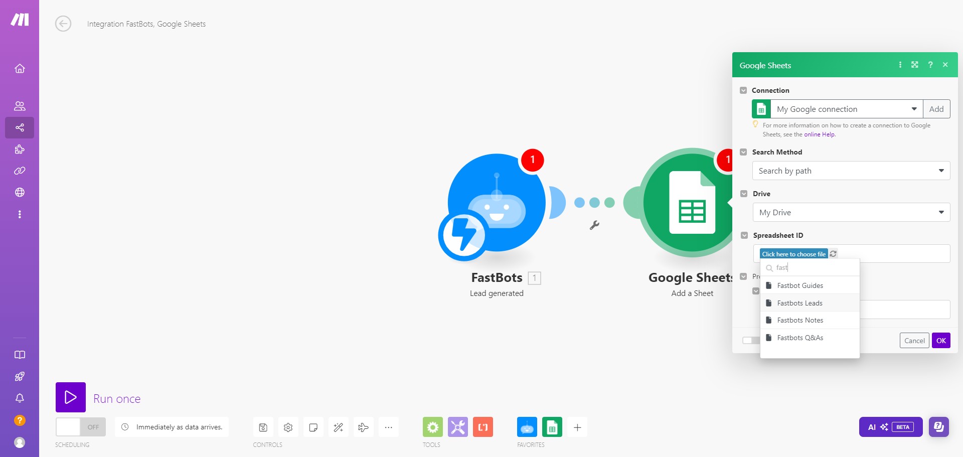 Choose the Spreadsheet where you want to send the leads.