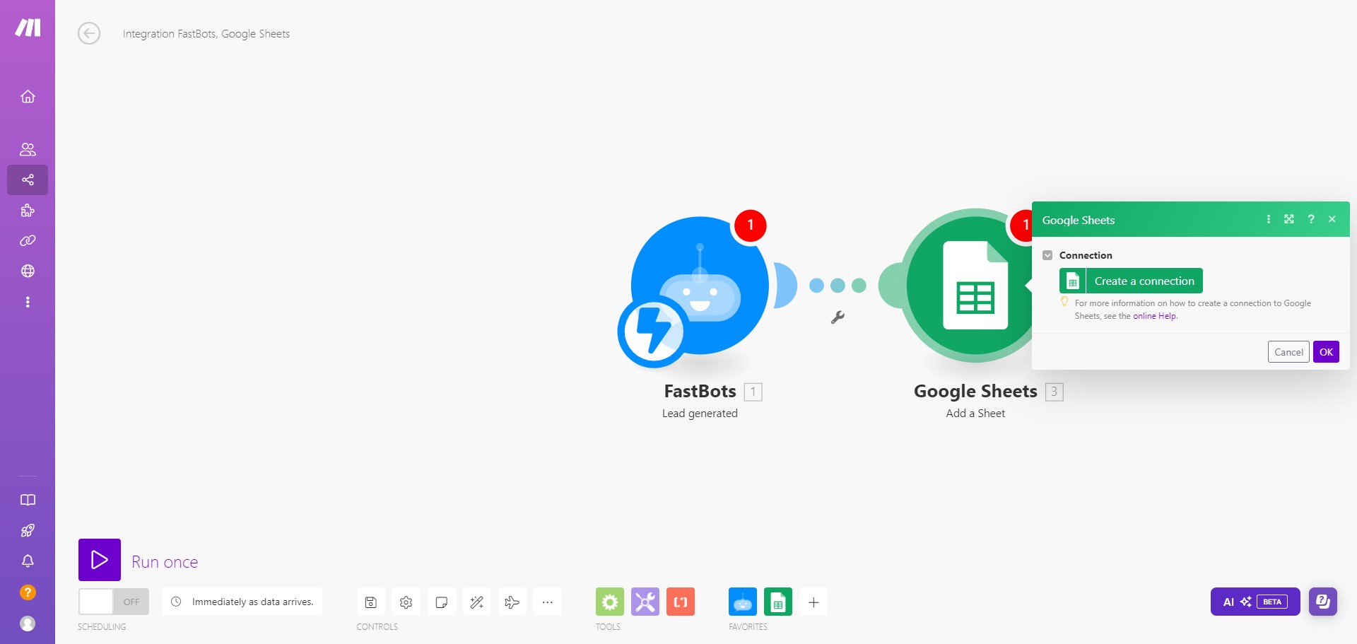 Once you add the Google Sheets to your module, click "Create a Connection" to finish up settings. 