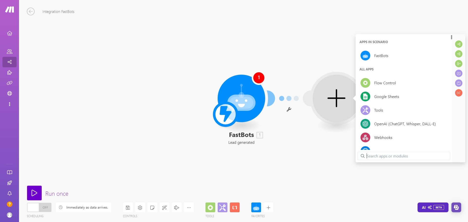Create a new module and search your required app where you want to send the lead information. 