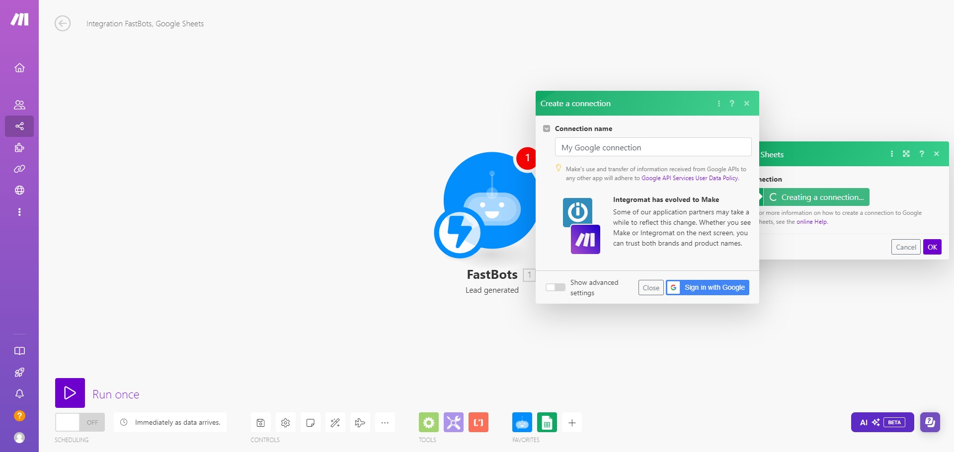 If your Google account is not already connected to make.com, you can click on Sign in with Google to connect your account otherwise, you can proceed to the next steps. 