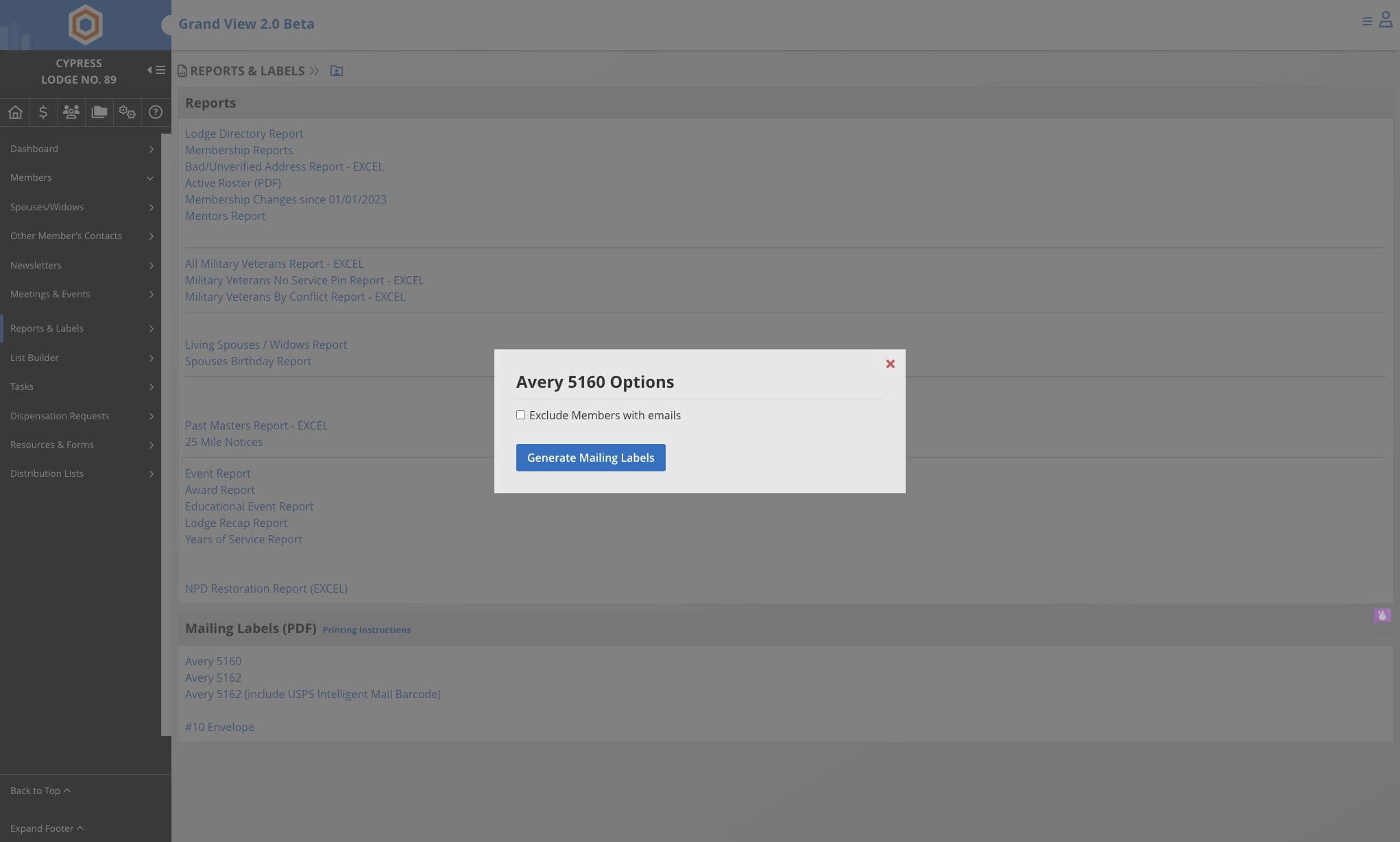 Click on Generate Mailing Labels