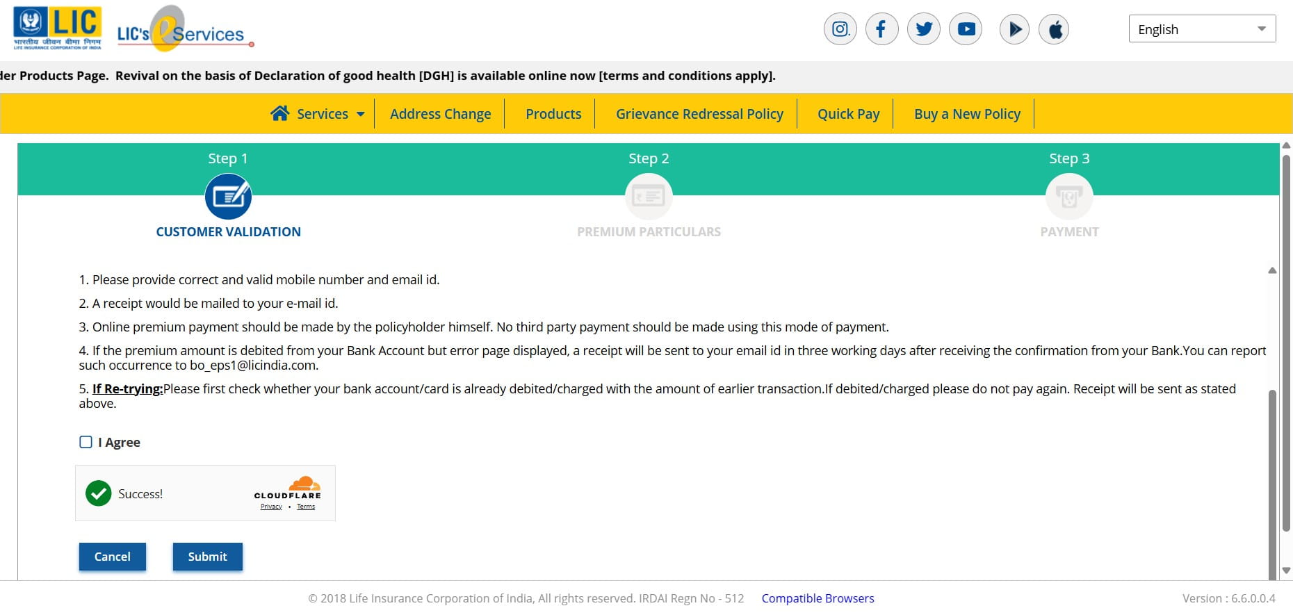 Click on checkbox "**I Agree**" 