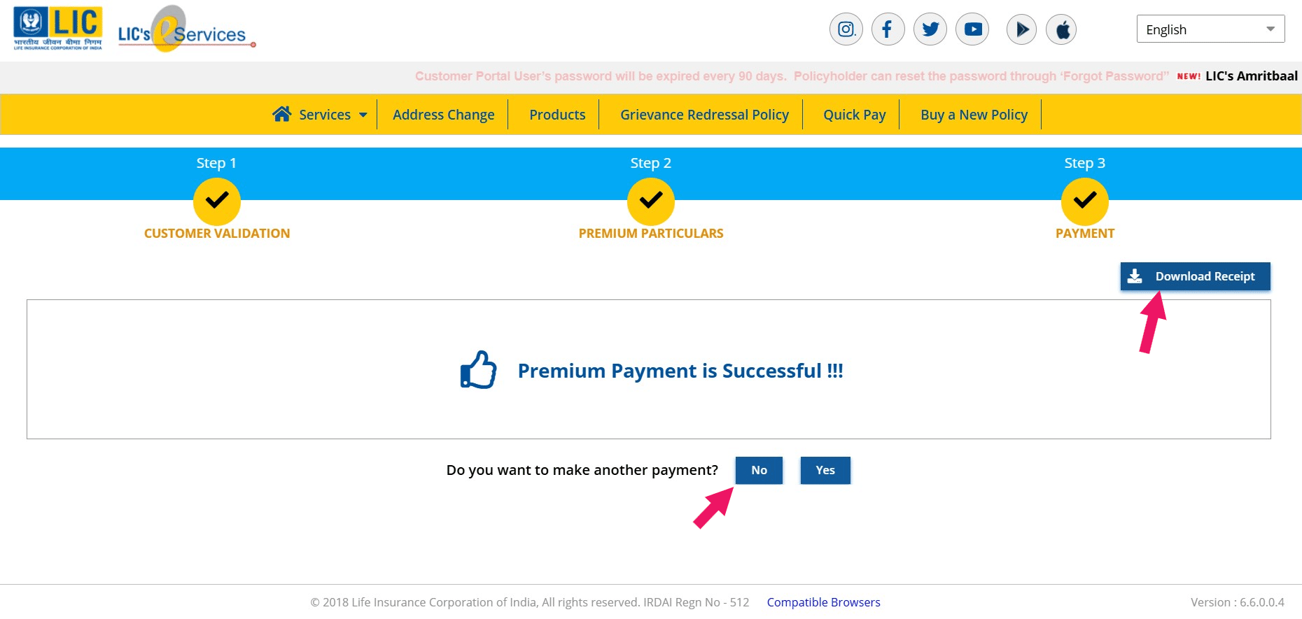 After successful payment, you can download the payment receipt by clicking the "**Download Receipt**"