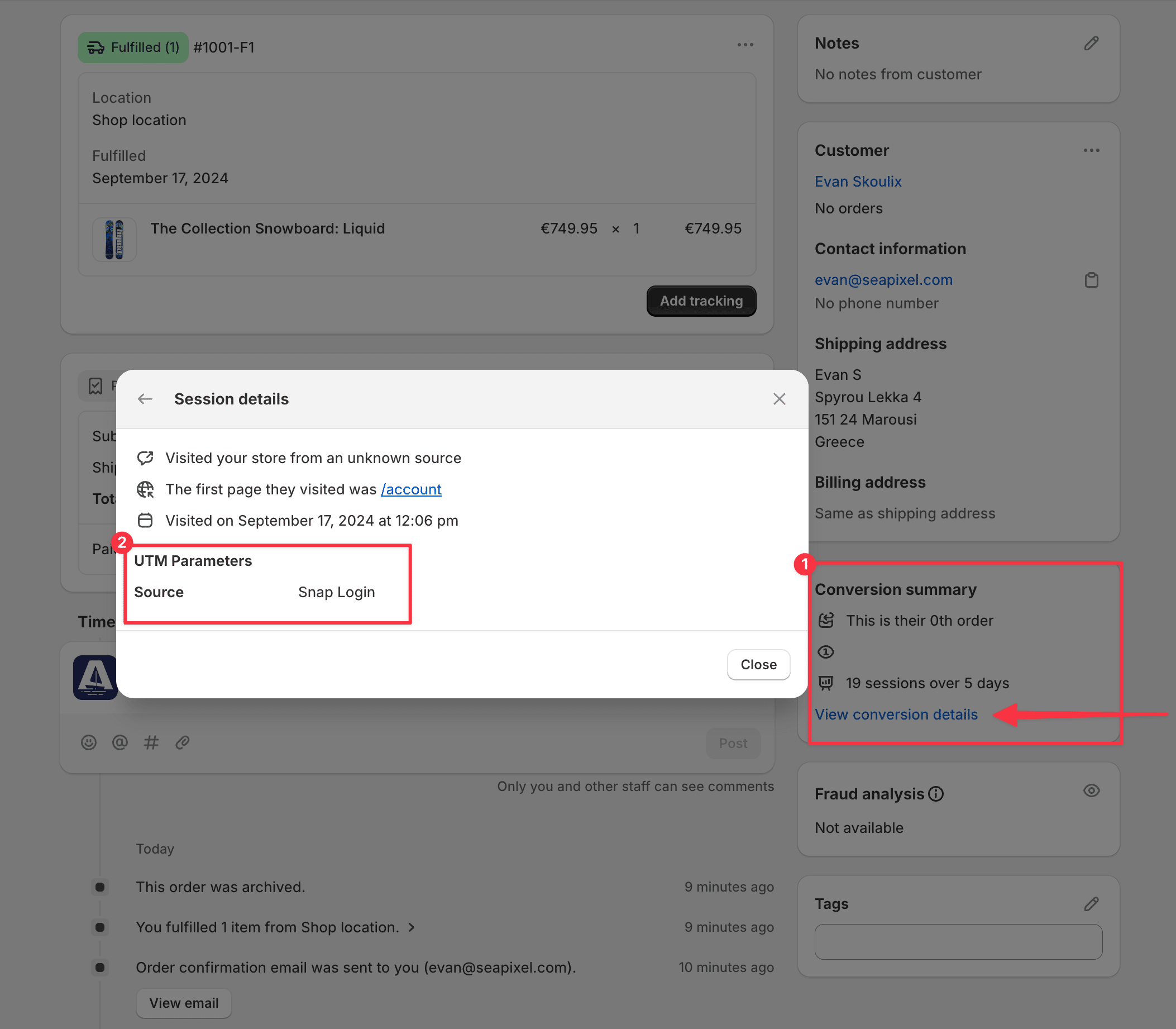 If the UTM source parameter is populated with a custom value, any orders placed will be tagged in the "Conversion Summary" section on the order details page.