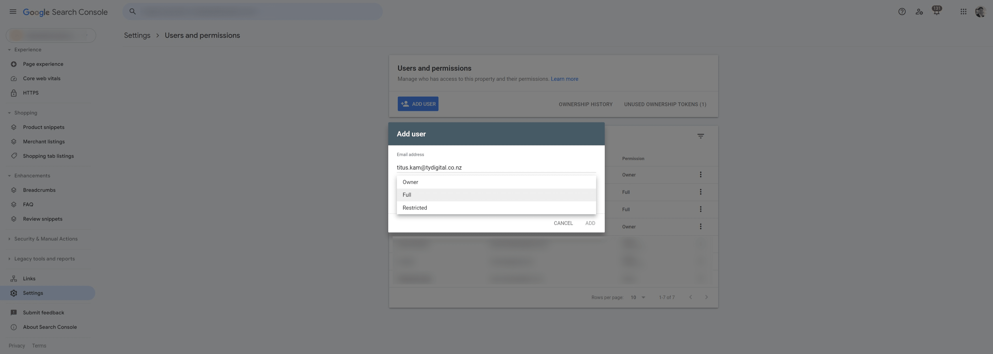 Grant titus.kam@tydigital.co.nz "Full" access to Google Search Console