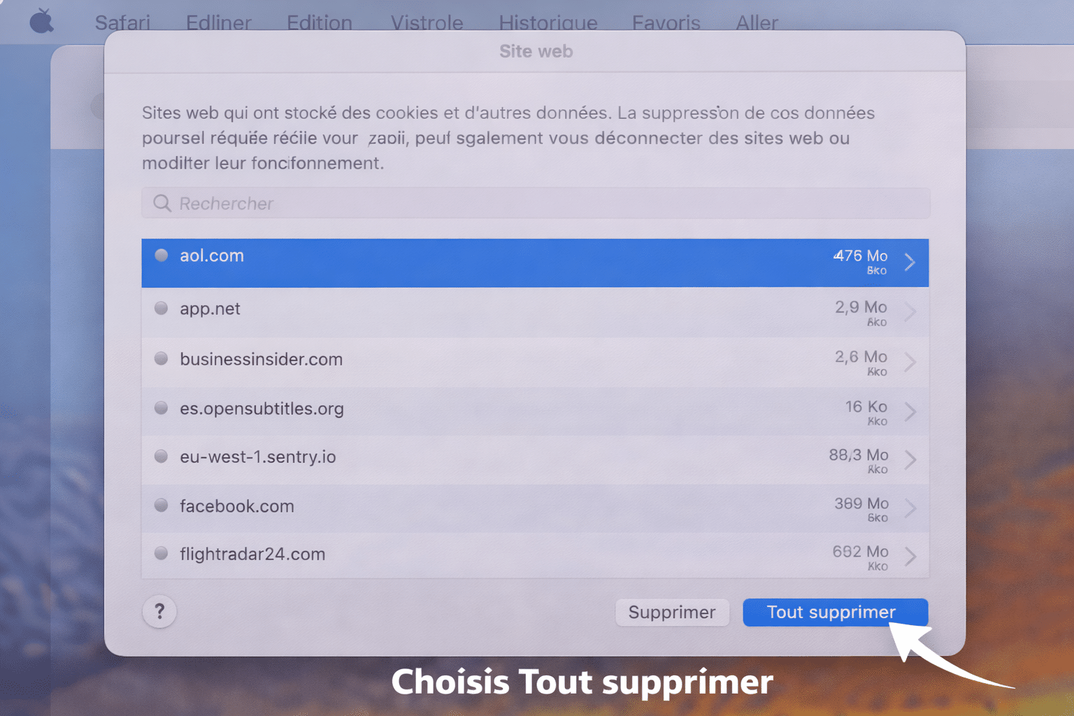 cliquez sur **Tout supprimer** pour effacer tous les cookies.
