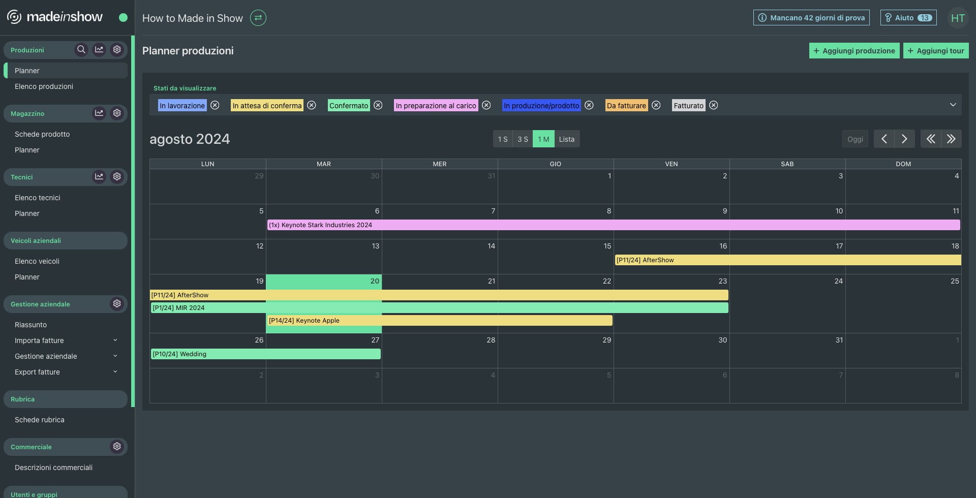 Visualizzazione produzione appena inserita nel Planner produzioni.
Il colore della produzione è legato allo "stato della produzione"