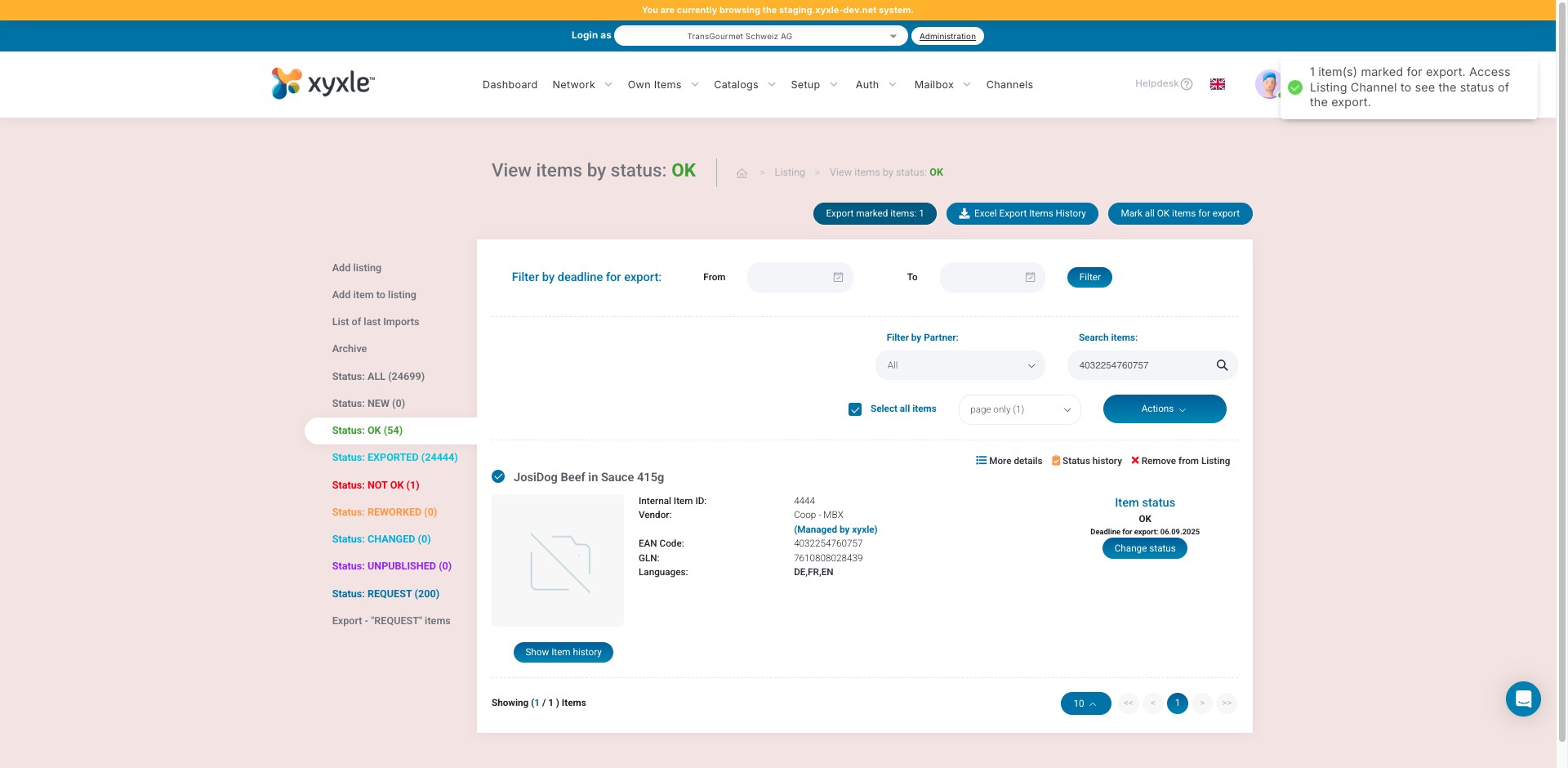 Fare clic su "Esporta elementi selezionati: 1"