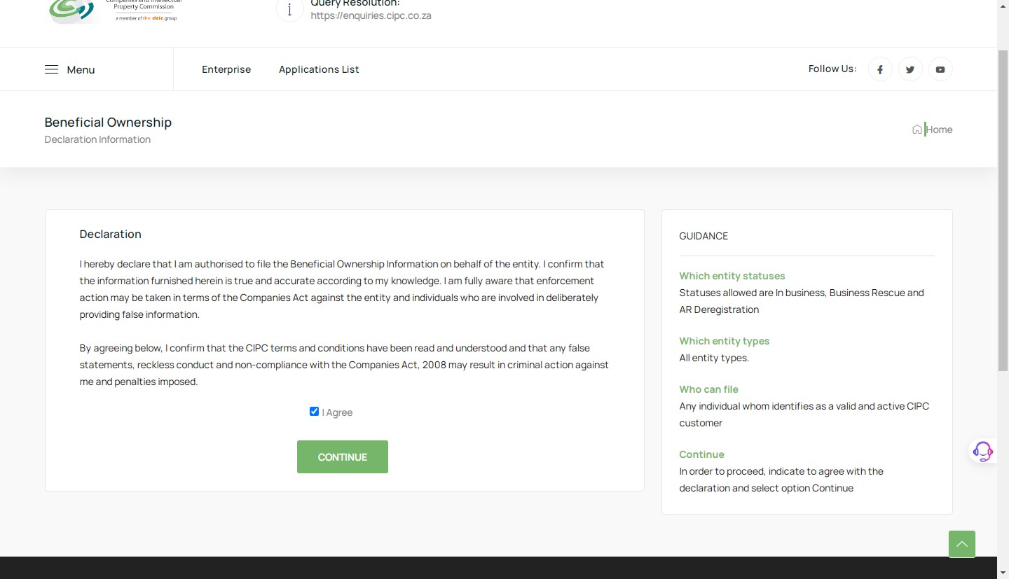 Read and understand the declaration. Check the box "I Agree" to accept that you have read and understood the CIPC terms and conditions. Click **Continue**.