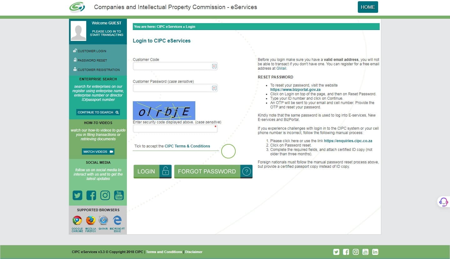 Log in to CIPC using your customer login credentials. Enter the security code displayed on the screen into the designated space provided. Tick to accept the CIPC terms and conditions and click **Login**.