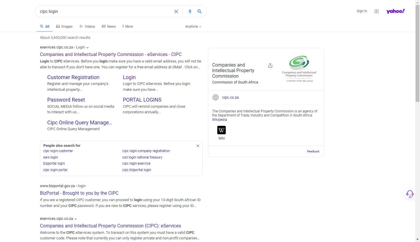 Search "CIPC login" and click the link *eservices.cipc.co.za*.