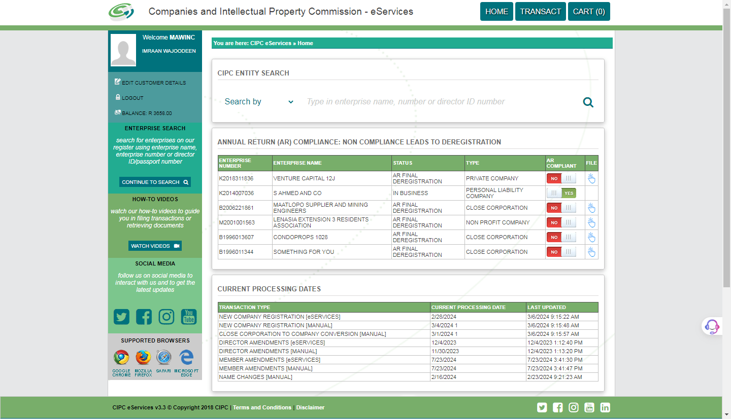 After you have logged into CIPC, start by clicking **Transact**.