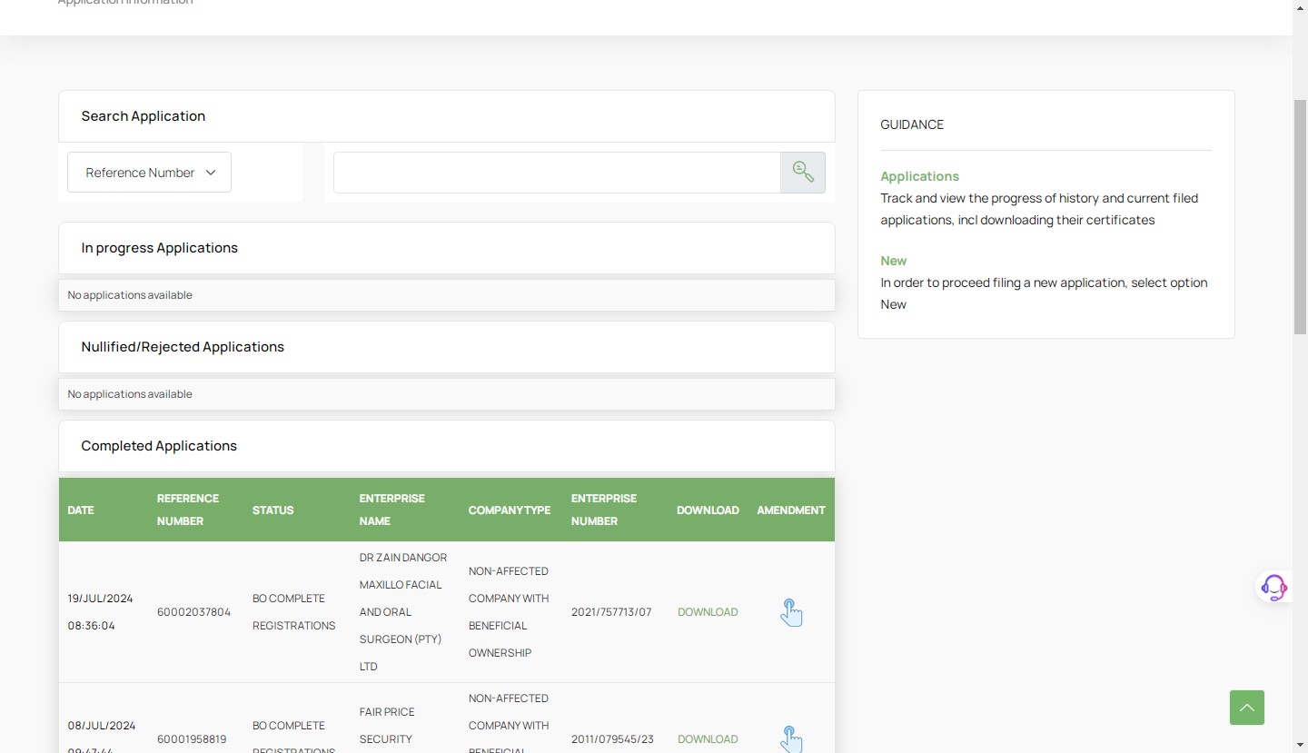 Once the page opens, you will see all the details of completed, rejected, or pending beneficial ownership declarations. You may also insert a reference number.
