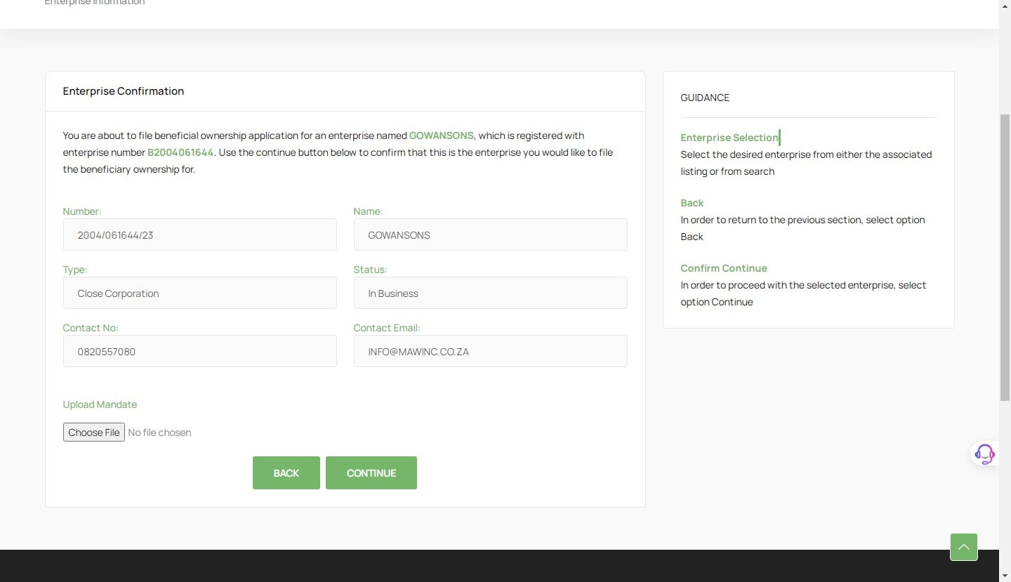 The mandate is a document giving the filer/third party authority to file any documents on CIPC for completion of beneficial ownership. Upload the **Mandate** by selecting the file from your device or using the drag and drop method. Click **Continue**. 