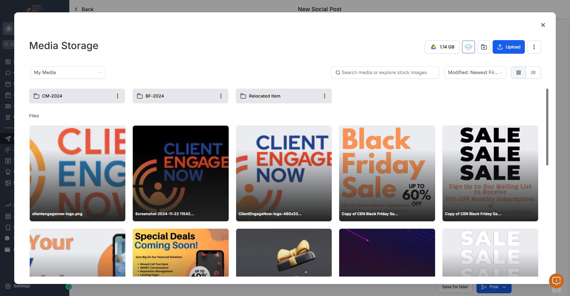 Click on Upload to add new media and photos to the Media Storage