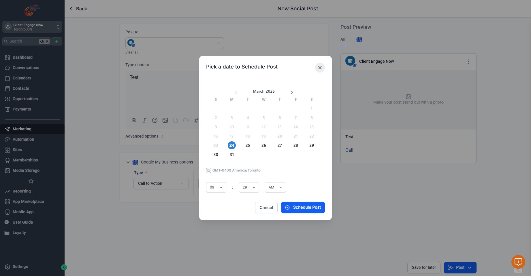 Select preferred date and time to schedule the post