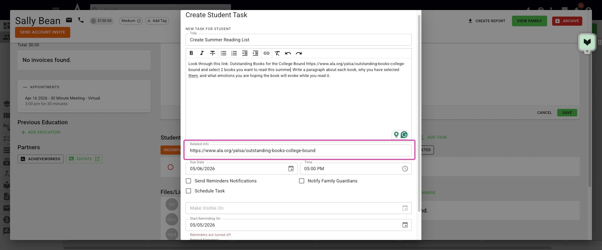 In the body of the task, you can add any task details and below that, under **Related Info,** you can add additional information or related links. 