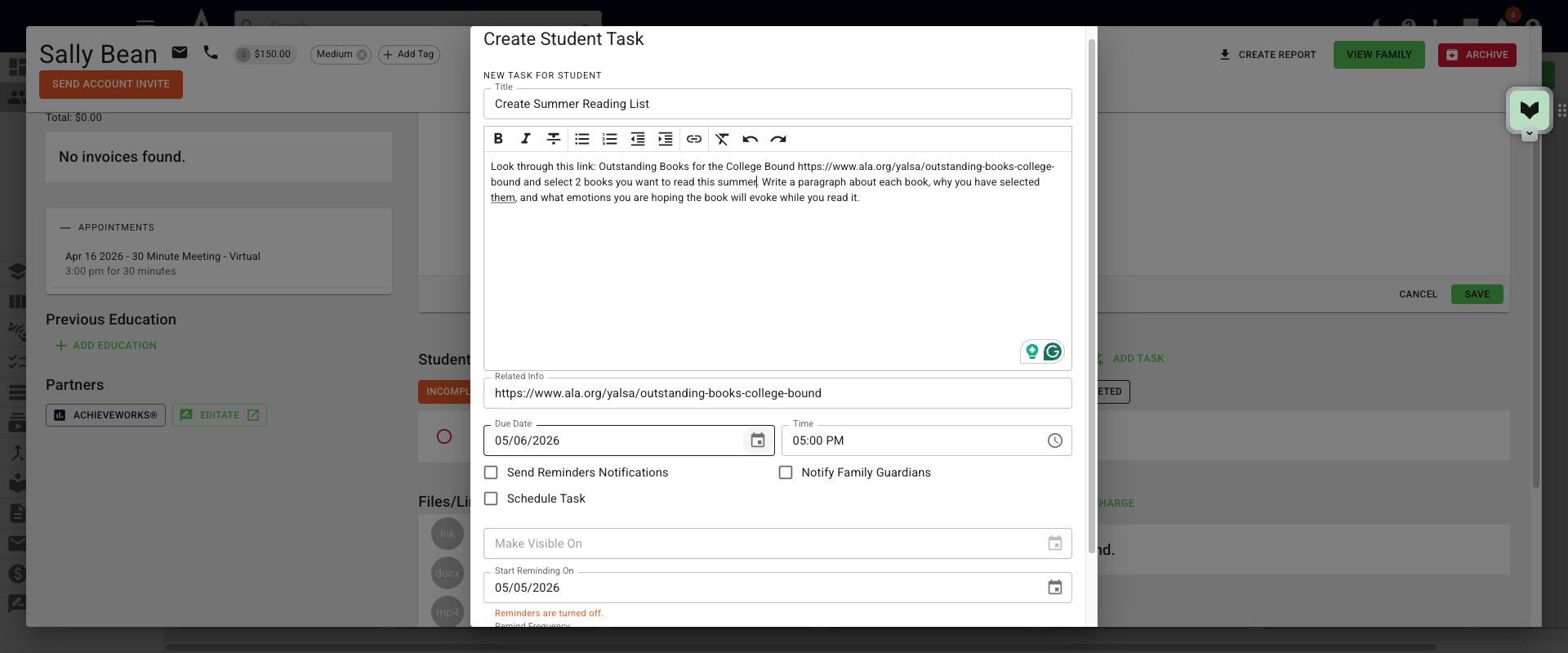 If you'd like to change when the task is due, you can change the **Due Date** and/or **Time** fields. 