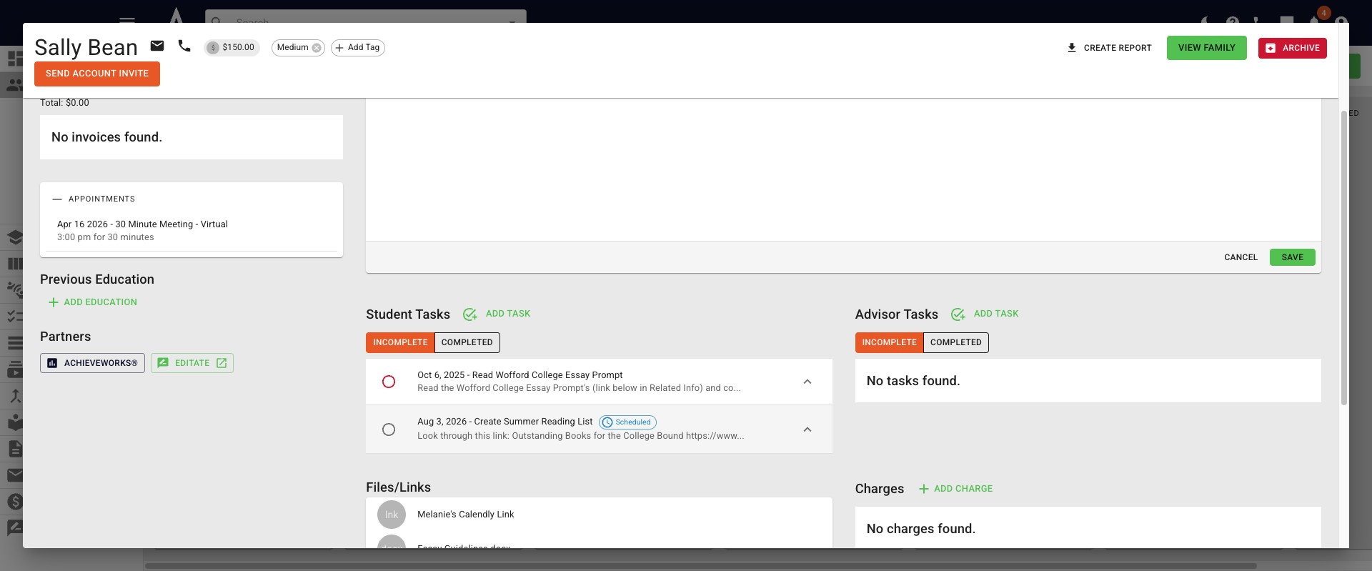 The **Task** will appear on the student's profile. If you have **Scheduled a task,** you will see **Scheduled** in blue next to the task's name.