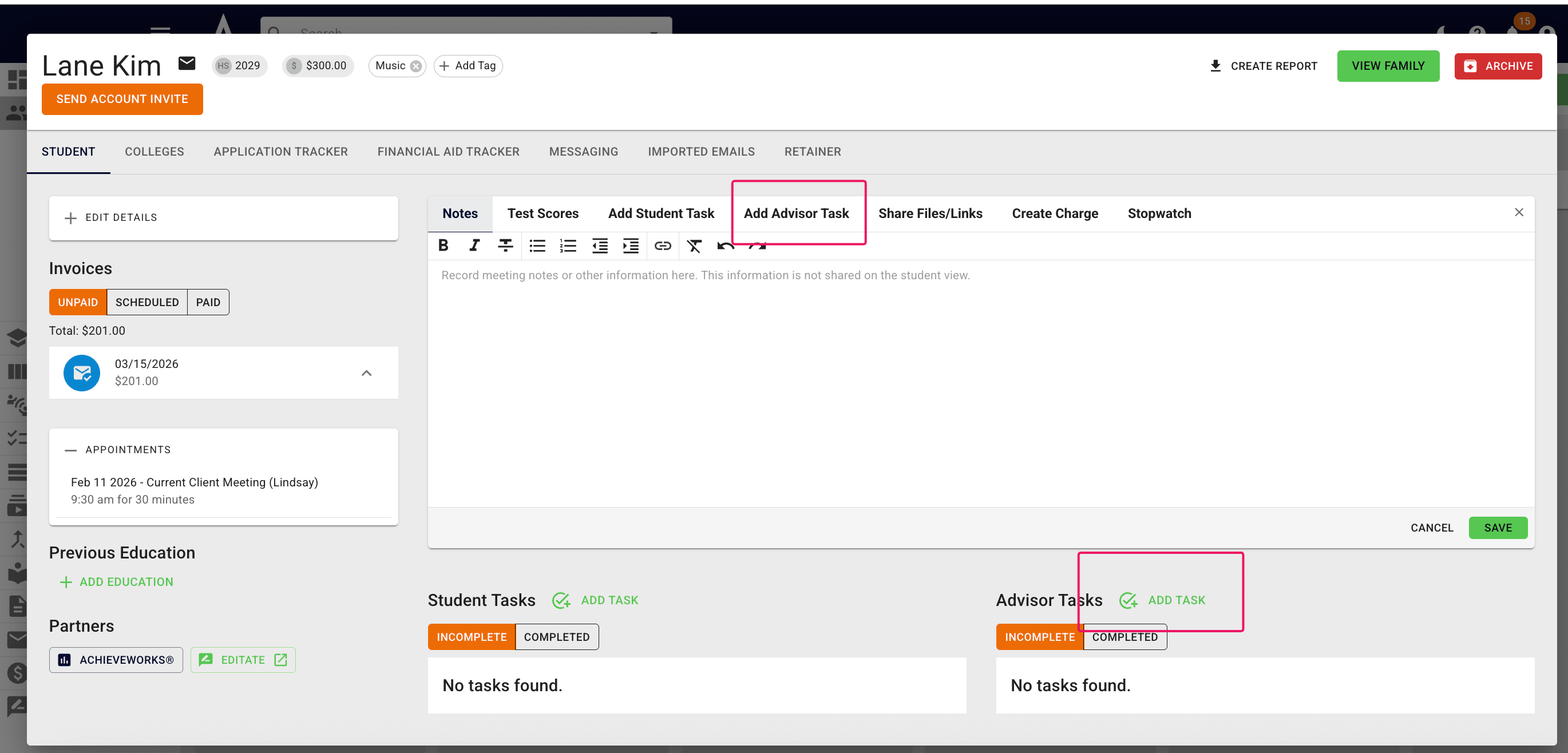 To add an **Advisor Task** to a student's profile, you would press **Add Task** in either place indicated below and then follow the same steps listed above.