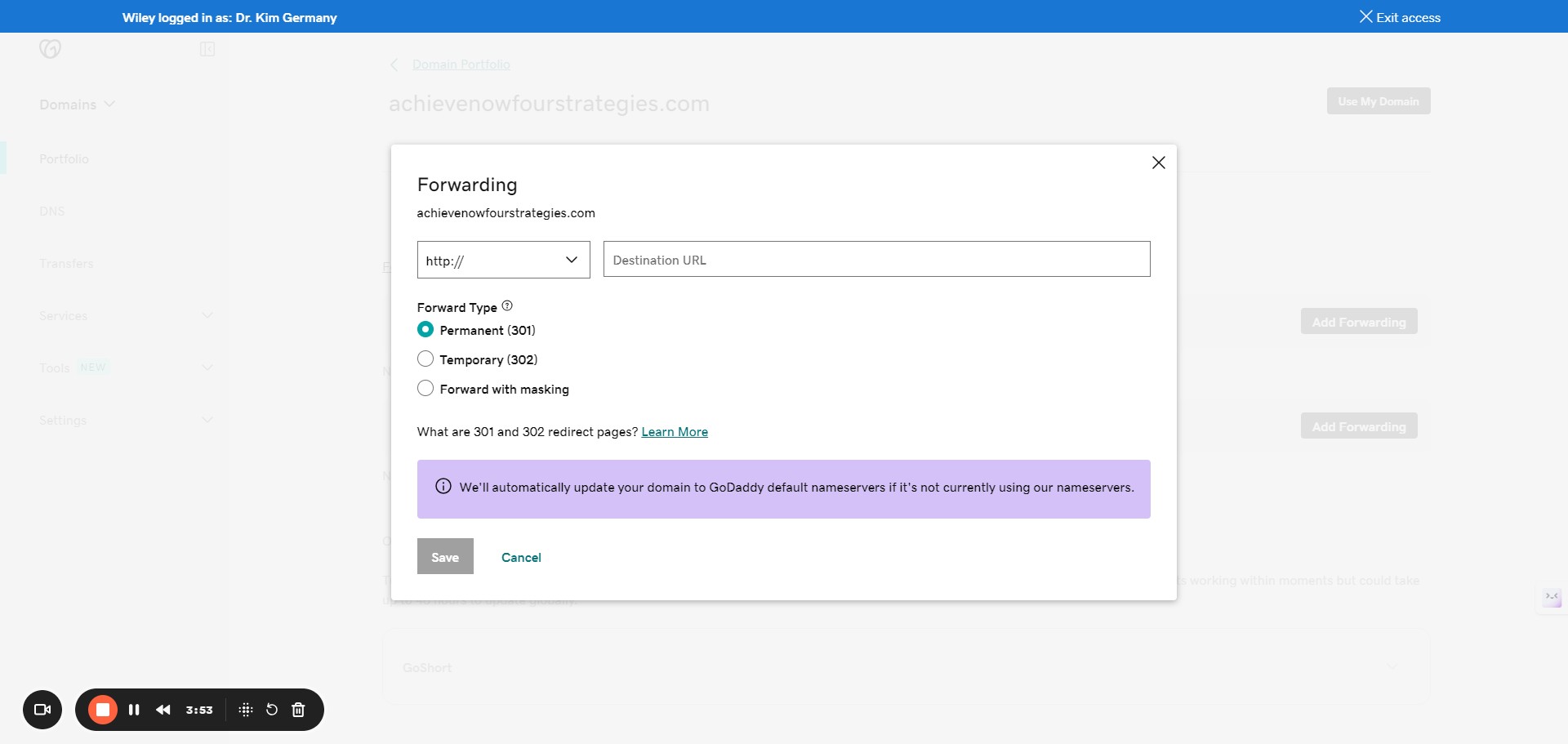 **Input** the name of the website the domain should be forwarded to