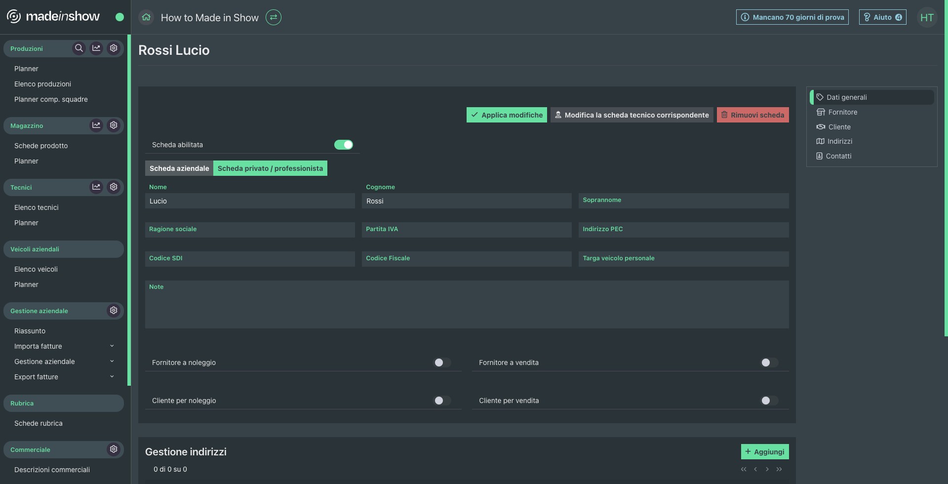 Visualizzazione scheda rubrica corrispondente al tecnico appena creato