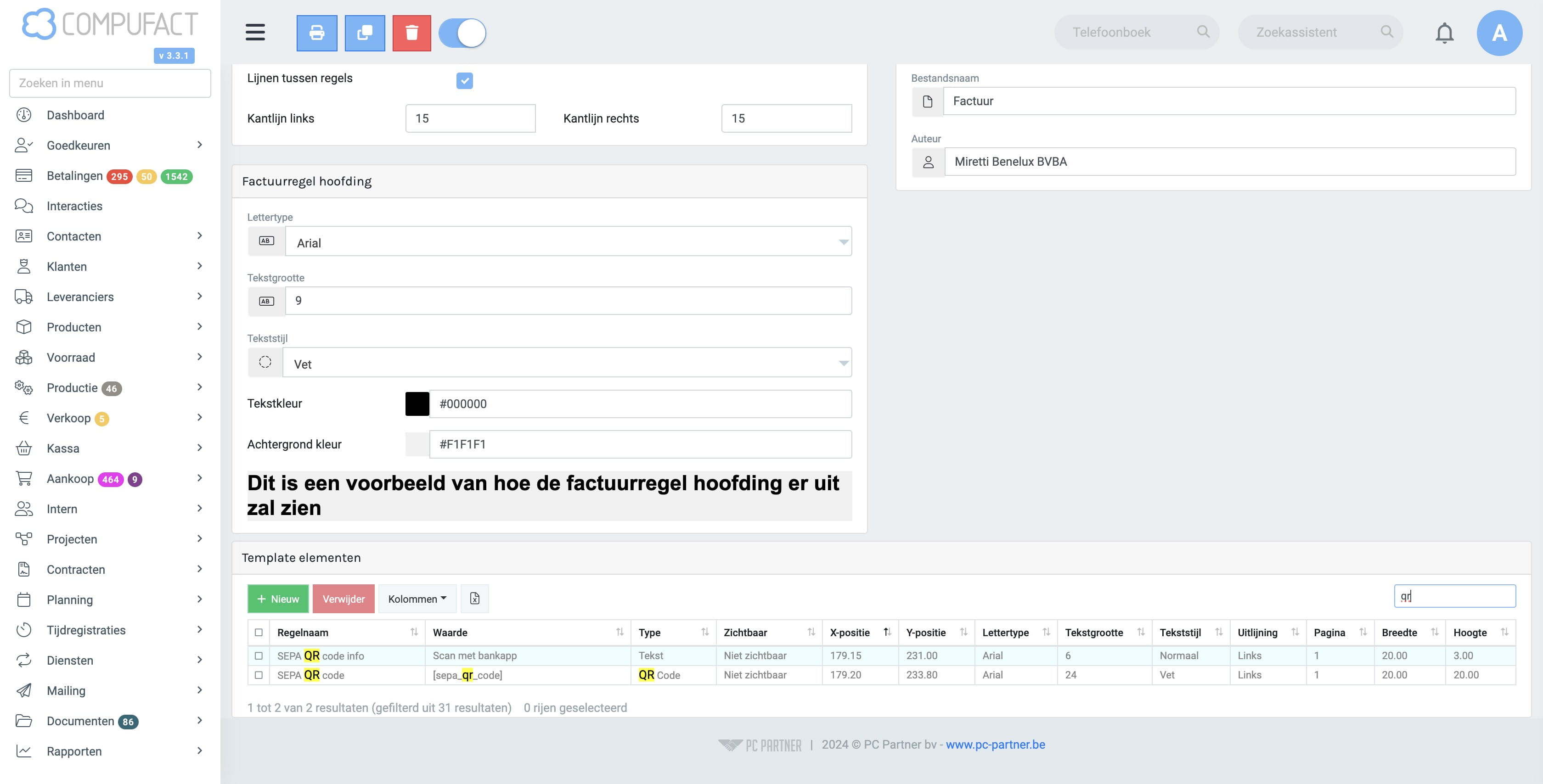 Pas filter toe zodat enkel de PDF template elementen van de QR-code zichtbaar zijn