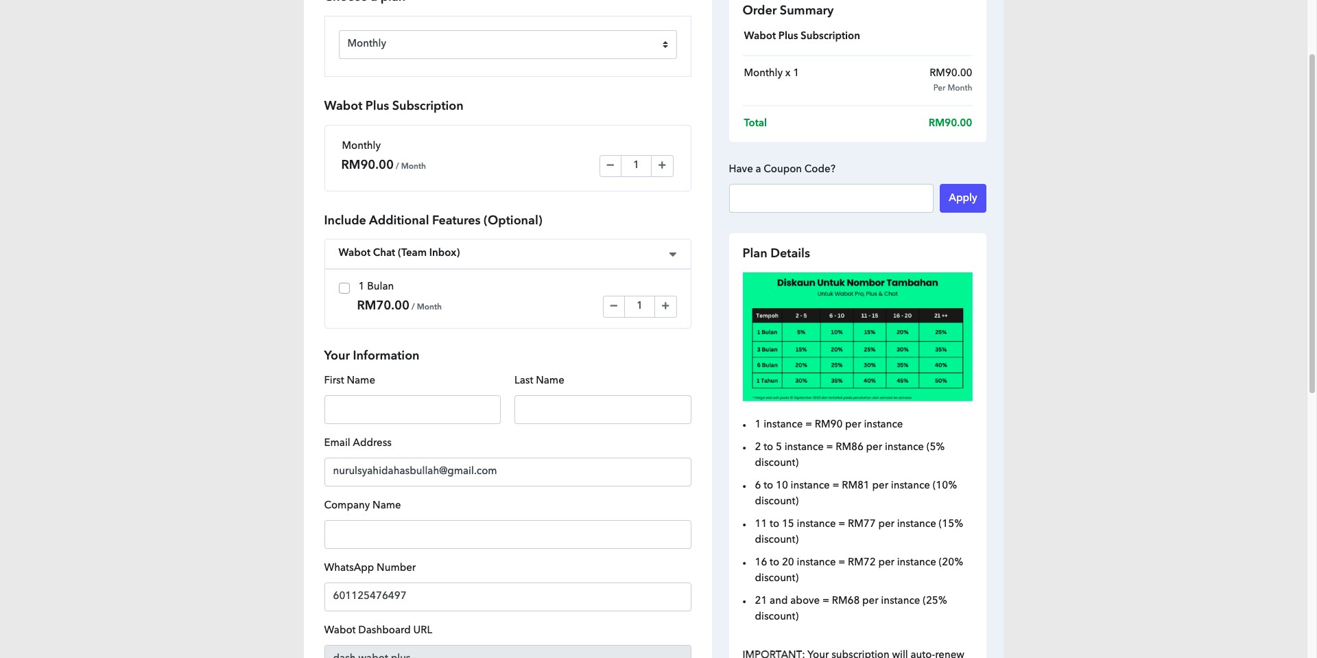 Select subscription duration for Wabot Chat