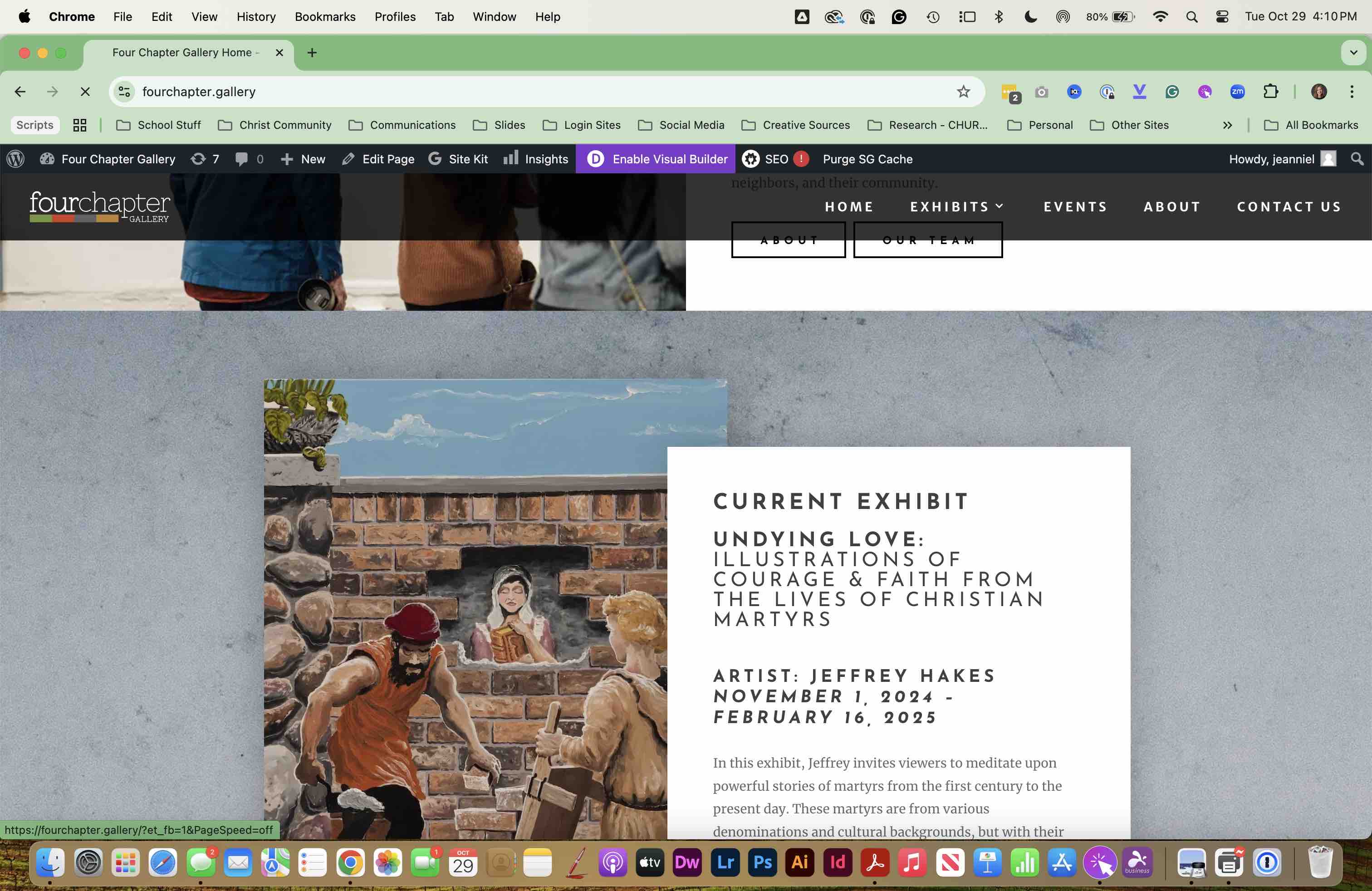 Return to the front page of the website and ENABLE VISUAL BUILDER, then scroll to the CURRENT EXHIBIT section.