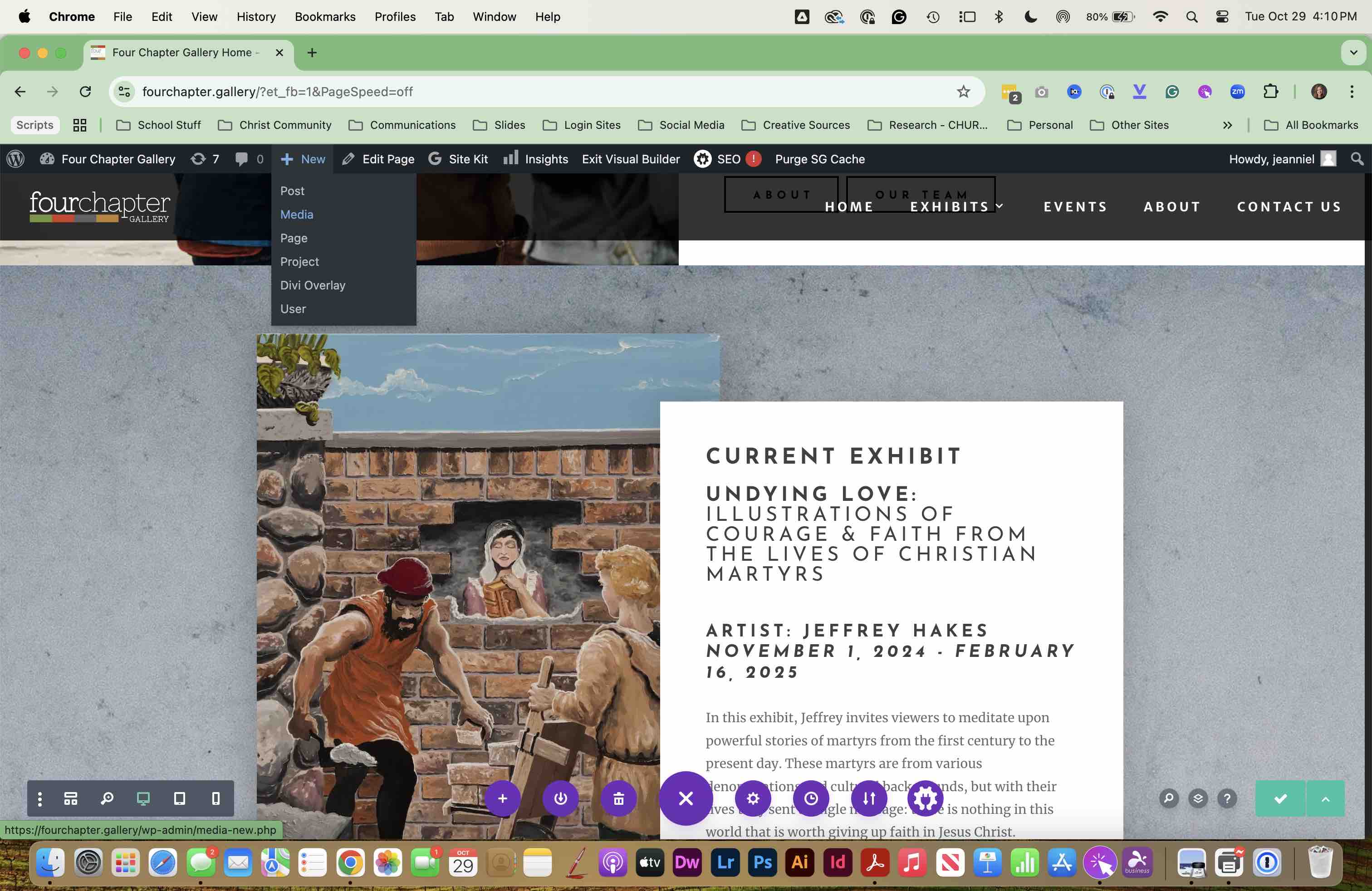 Go to the gallery website and UPLOAD your Exhibit Images into the MEDIA LIBRARY.
Make sure the IMAGES are <500K (you probably need to resize them using either Photoshop or PREVIEW. 72 DPI and the longest side should be 1100px or less)