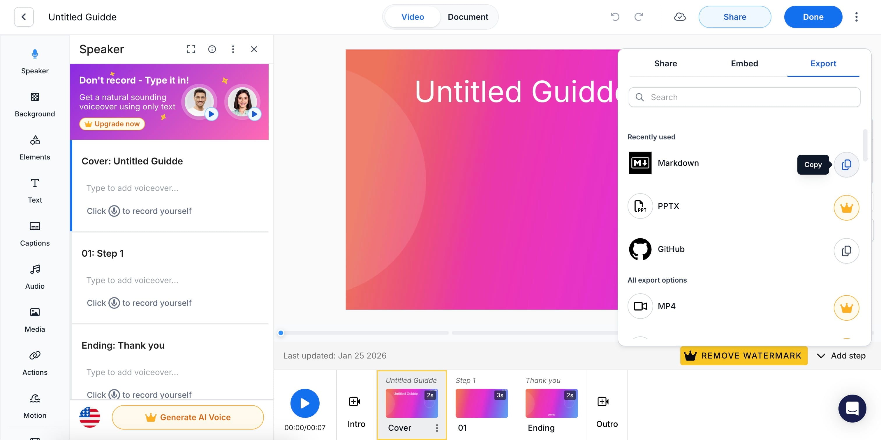 Click on the copy icon next to "**Markdown**" and Guidde would add the exported content to your clipboard