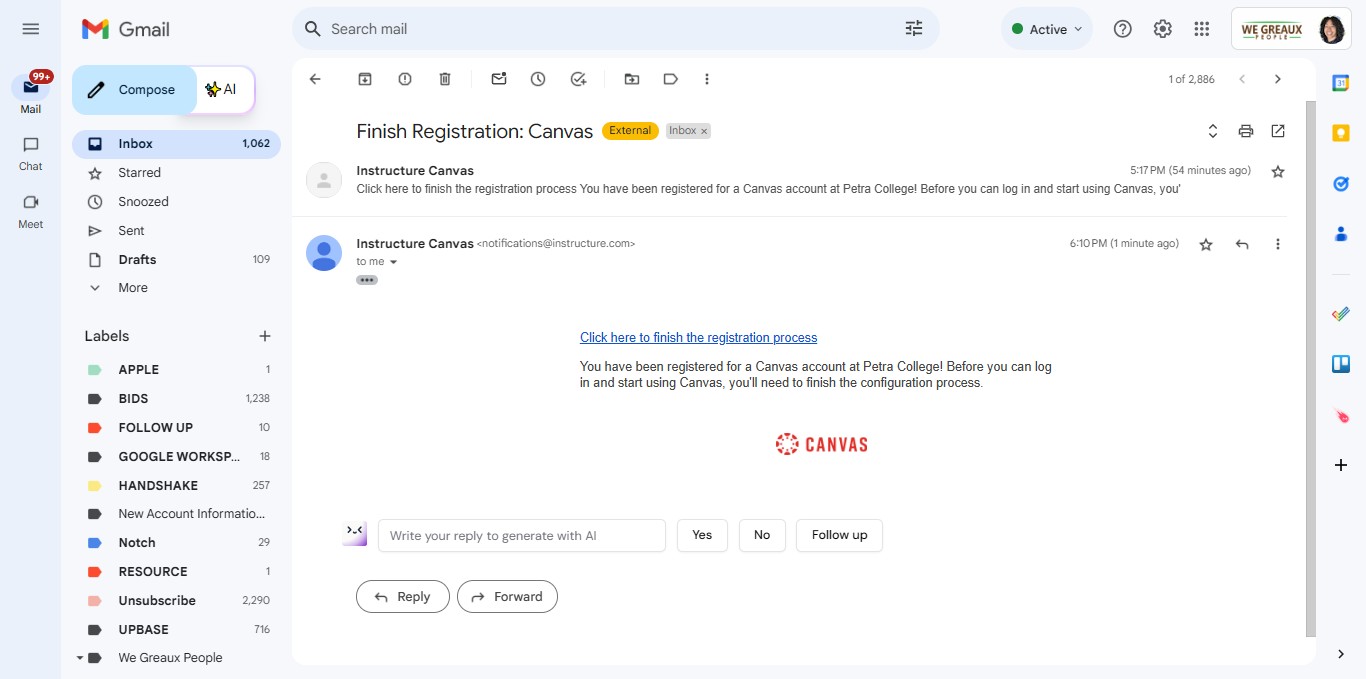 Click on the link that says 'Click here to finish the registration process.'
