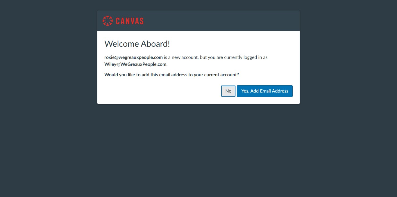 If you already have an email registered with Canvas, you'll see this screen. Click 'No' for now.