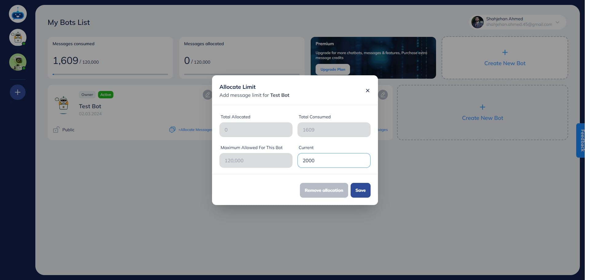 Enter the number of message credits you want to allocate to this specific chatbot under the "Current" cell.