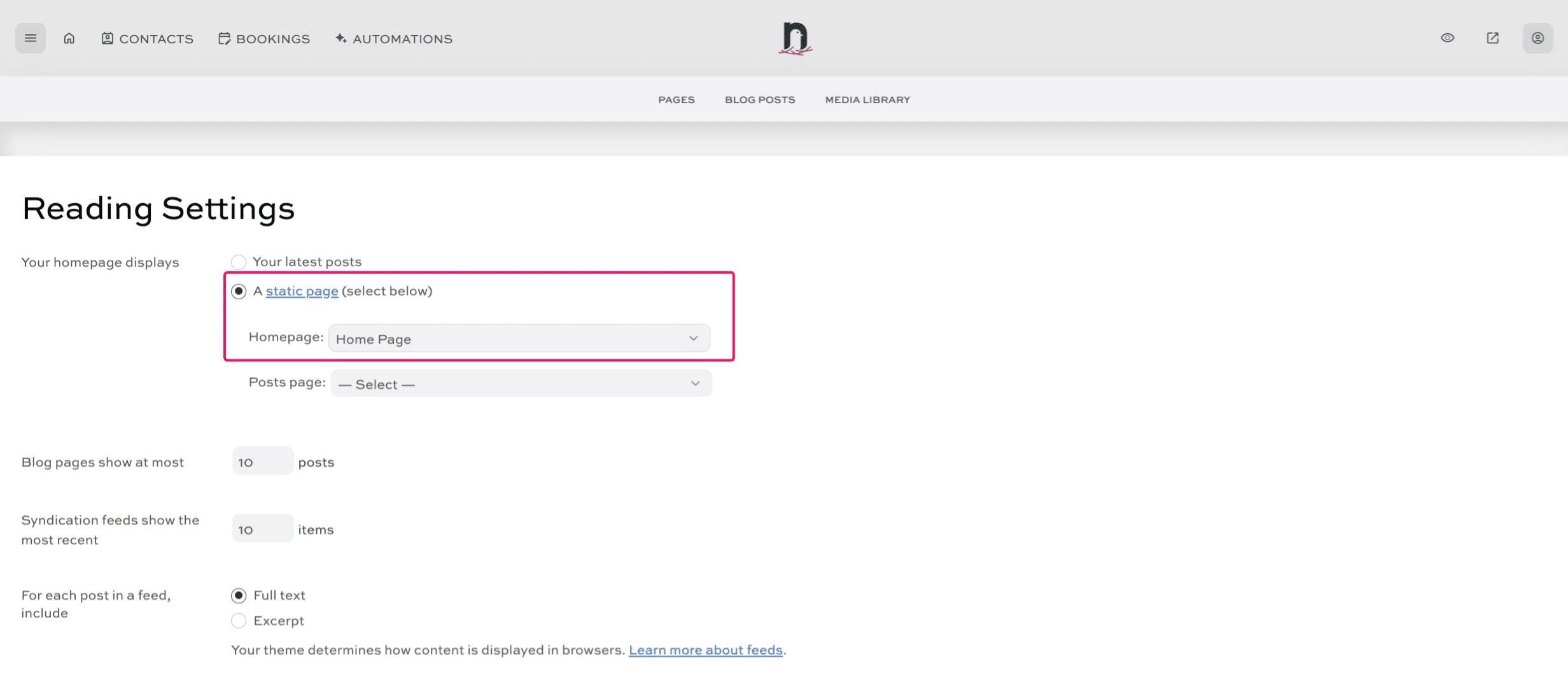 Select the new page from the 'Homepage' drop-down menu