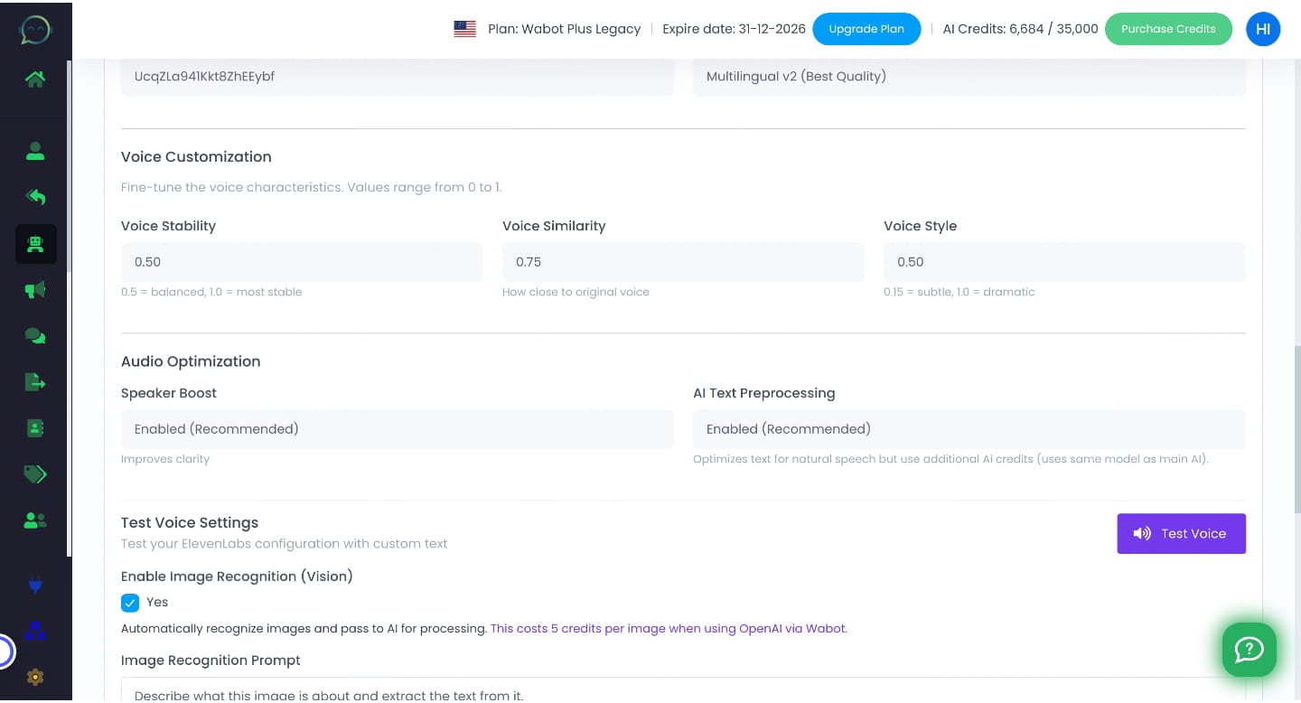 You can test the voice by clicking "Test Voice" button