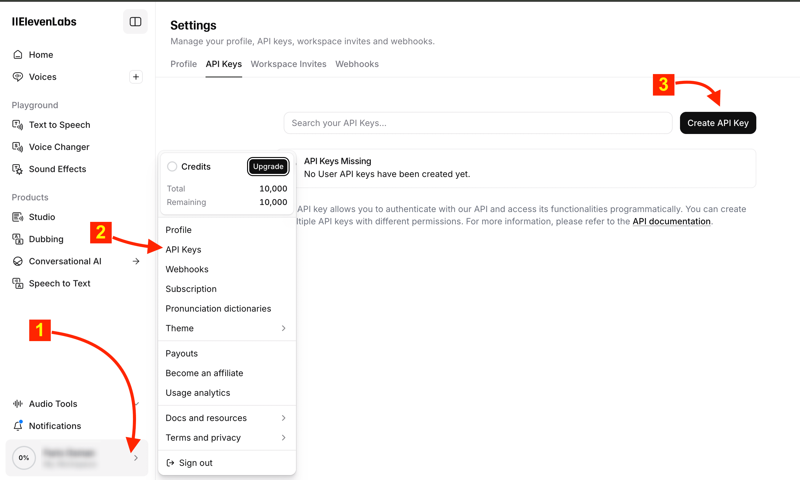 Click on your profile > API Keys > Create API Key