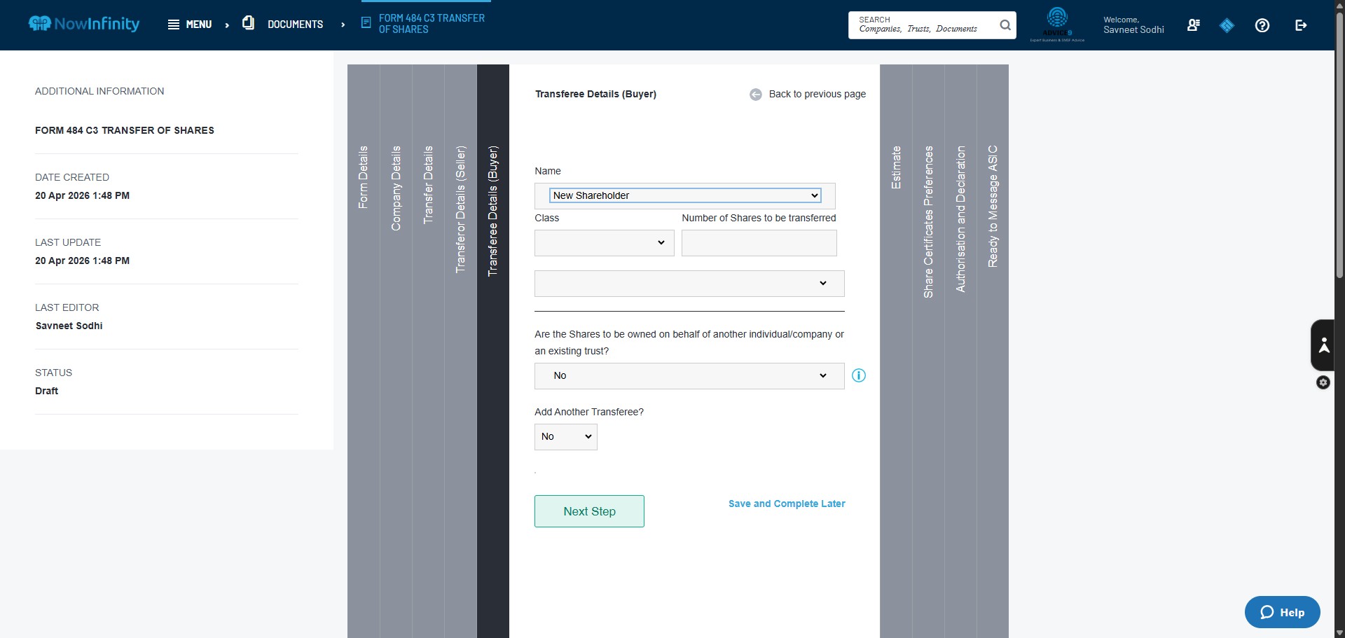 Click here to enter the class of shares being transferred. Unless specifically mentioned, the class of shares are always "Ordinary Shares or OED"